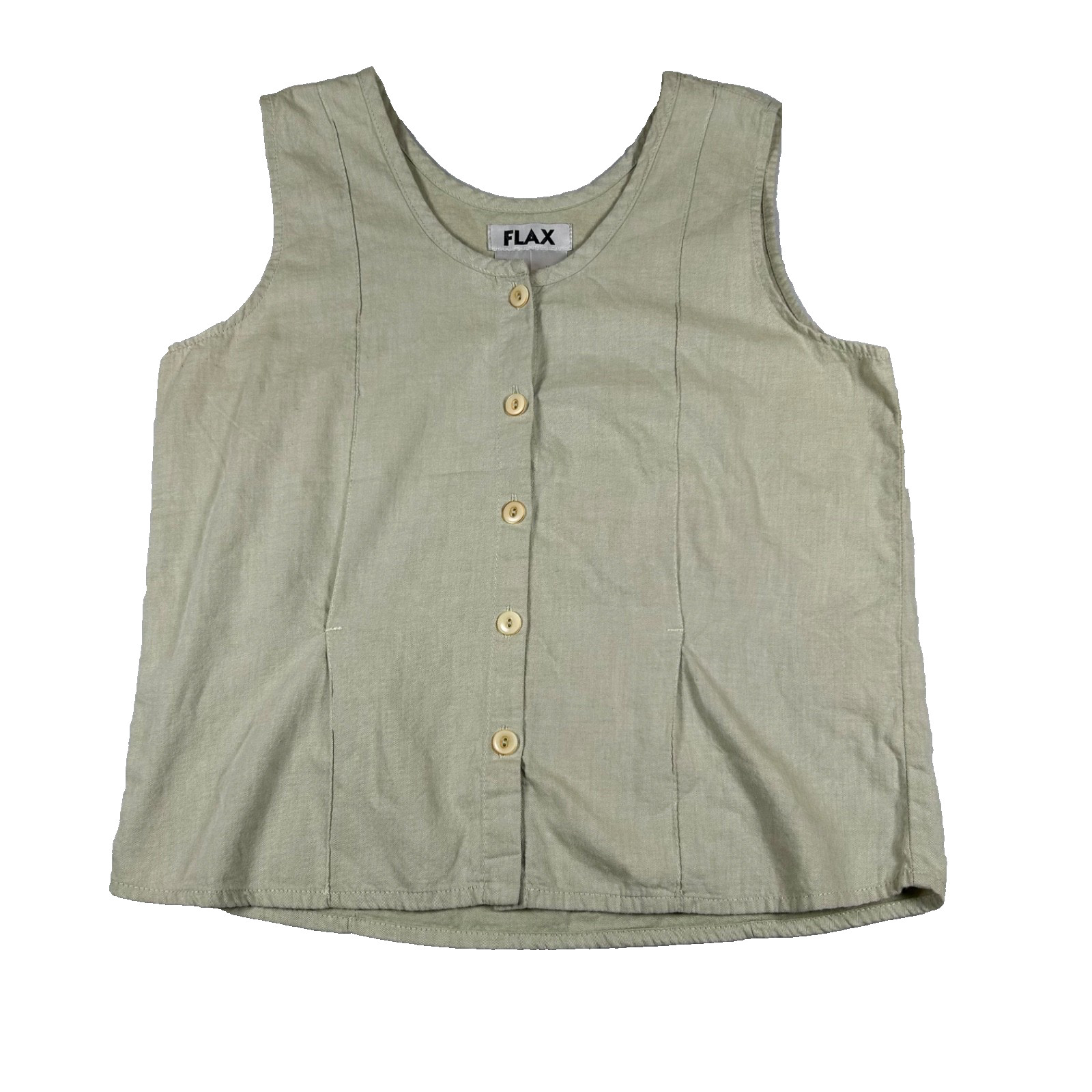 FLAX Womens Linen Tank Top Button Front Sleeveless Green Relaxed Fit Size S