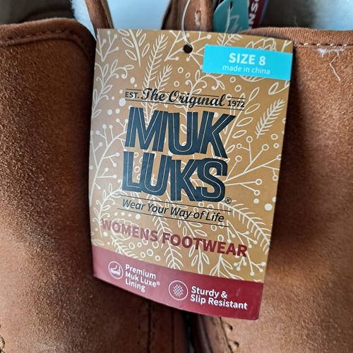 NWB Muk Luks Suede Wool Blend Faux Fur Slip On Shoes Queens Cognac Womens Size 8 - Picture 13 of 16