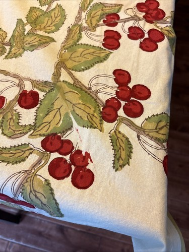 Couleur Nature French Tablecloth Red Cherries Cream with Green Border 59" x 86" - Picture 4 of 13