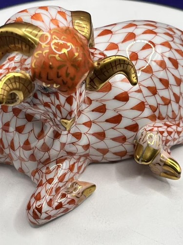 Herend Sheep / Ram Curly Horn Figurine 24K Rust Orange Fishnet Design 15379 - Picture 10 of 24