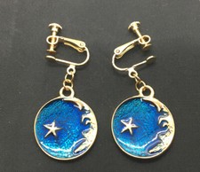 Gold-tone Earring Set Clip-On Non-Pierced Blue Sun Moon Stars New 2651