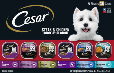 Cesar Steak And Chicken Lovers Wet Dog Food Variety Pack, 3.5 Oz Trays (36 Pack)