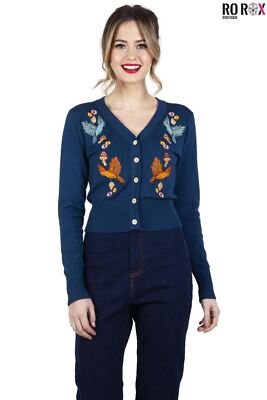 Voodoo Vixen Cardigan Anni '40 Ginny Woodland - Scollo A V, Ricamo Uccelli, Blu, Taglie Dalla XS Alla 2XL - 3