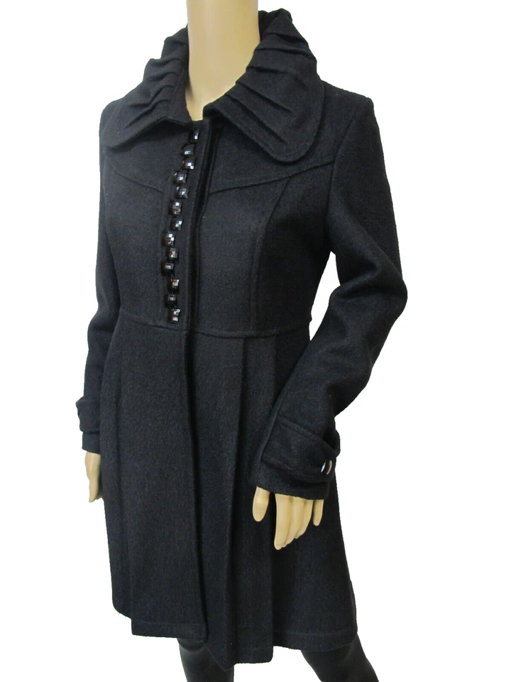 Abrigo de tweed de invierno cuello plisado de gran tamaño cintura imperio arce negro talla XS Foto 2 de 4