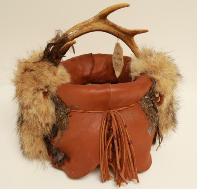 Natural Shed Antler Basket Leather with Fur Feathers Horns Native American