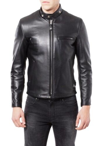 Chaqueta de pie de cuero negro genuino para motociclista de pie con cuello corto ajustado - Imagen 4 de 7