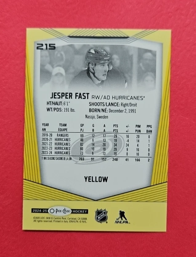 Jesper Fast - Carolina Hurricanes - 2024-25 O-Pee-Chee - Yellow Parallel - #215 - Image 2 of 2