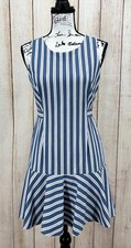 Banana Republic 6 Petite Blue White Stripe Flounce Hem Dress Sleeveless Zip