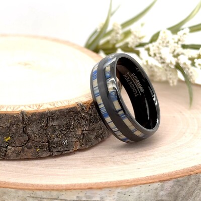 Blue Bamboo Inlay Dome Shape Band 8mm Black Tungsten Ring For Christmas Gifts