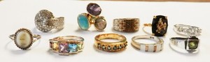 Authentic 10 Sterling Silver Rings Gold Plated Assorted Clear Colored Gemstones Sizes 7-8