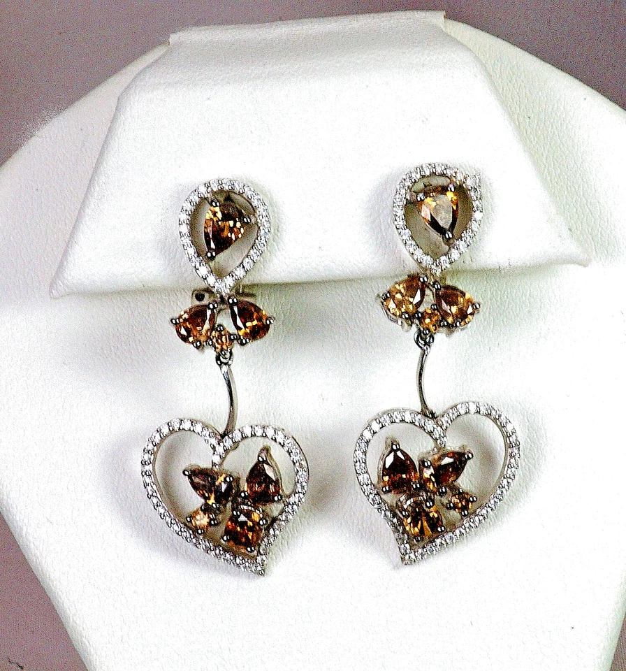 18K 心形耳环,漂亮的黄色、COGNAC 白色钻石。 雕刻,艺术装饰 — 第 4/4 张图片