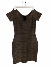 GUESS Women's 6 Black/Gold Off Shoulder Bodycon Short Dress Party Cocktail