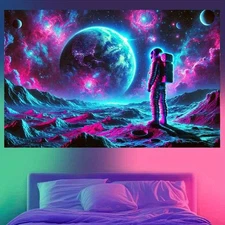 2D flat UV Reactive Astronaut on Moon Tapestry-Vibrant Cosmic Starry Space Adven