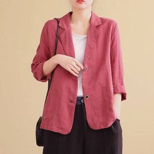Womens Button Cotton Linen Blazer Coats Long Sleeve Collared Jacket Outwear