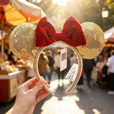 Disney- Parks Gold Sequin Minnie Mouse Ears with Red Velvet Bow Headband Gifts