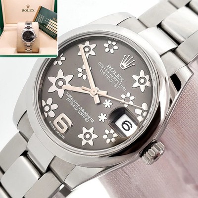 2012 Rolex Datejust Gray Floral Motif Steel Oyster 31mm Watch 178240 Box Papers