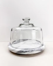 Vtg Marble Cheese Board Clear Glass Dome 7.5” X 6” 2 Piece Serving Cloche Tray