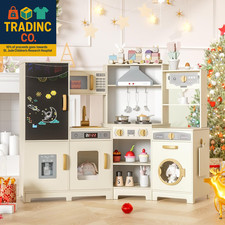 Wooden Corner Play Kitchen, Large Ultimate Interactive Toddler Pretend Kids Kitc