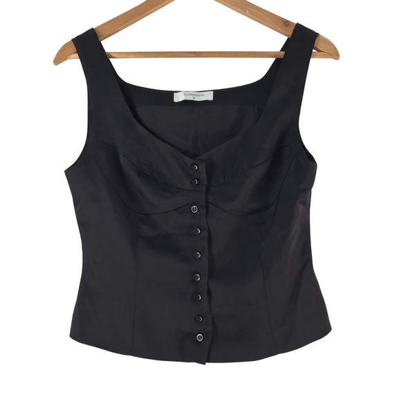Commense Tank Womens M Black Satin Square Neck Button Corset Top Party 141679
