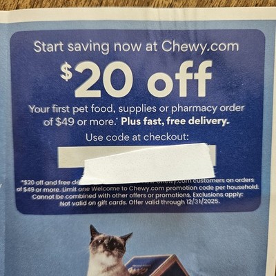 Chewy $20 Off Coupon Of $49 OR MORE Expires 12/31/2025