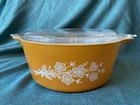 Vtg 475b Pyrex 2.5 qt Baking CASSEROLE Dish LID 475c Orange/Gold BUTTERFLY Bowl