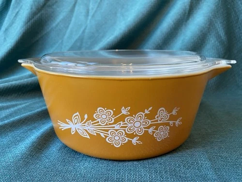 Vtg 475b Pyrex 2.5 qt Baking CASSEROLE Dish LID 475c Orange/Gold BUTTERFLY Bowl