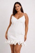 PRETTYLITTLETHING White Ruffle Mini A-Line Dress V-Neck Spaghetti Strap US 12