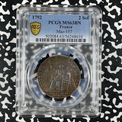 1792 France 2 Sols PCGS MS63BN Lot#G2216 Choice UNC! Maz#157 | eBay