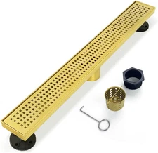 Linear Shower Drain 32" Gold, Brushed 304 Stainless Steel, Removable Grate