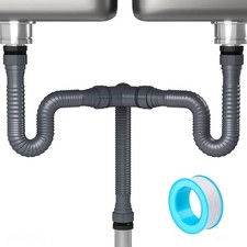 NiHome Double Kitchen Sink Drain Kit, Flexible P-Trap 1 1/2" or 1 1/4", Gray