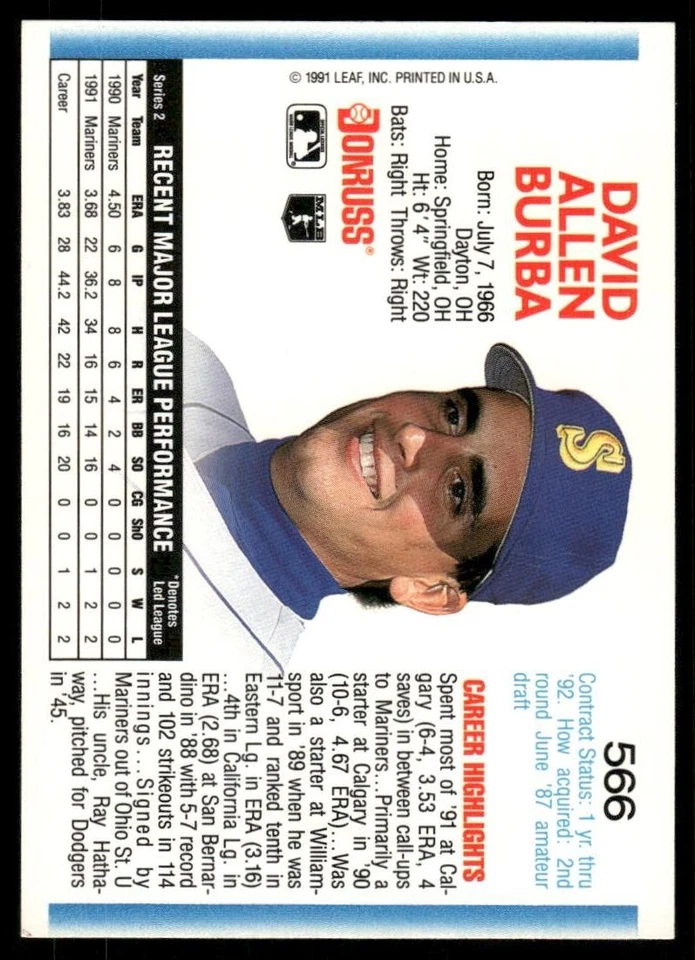 1992 Donruss #566b Dave Burba Seattle Mariners Baseball Card - Image 2 of 2