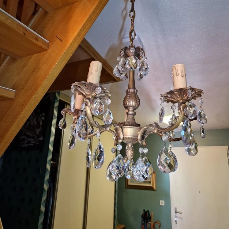 ANCIEN LUSTRE EN BRONZE A PAMPILLES 5 FEUX LUMIERE FRENCH ANTIQUE - Photo 2/4