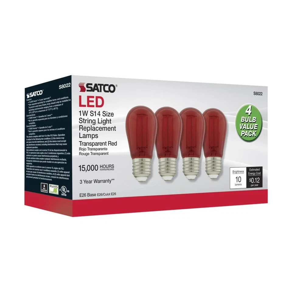 Satco S8022 - 1 Watt LED S14 Outdoor Holiday Red String Light Bulbs (4 Pack) - Image 4 of 4