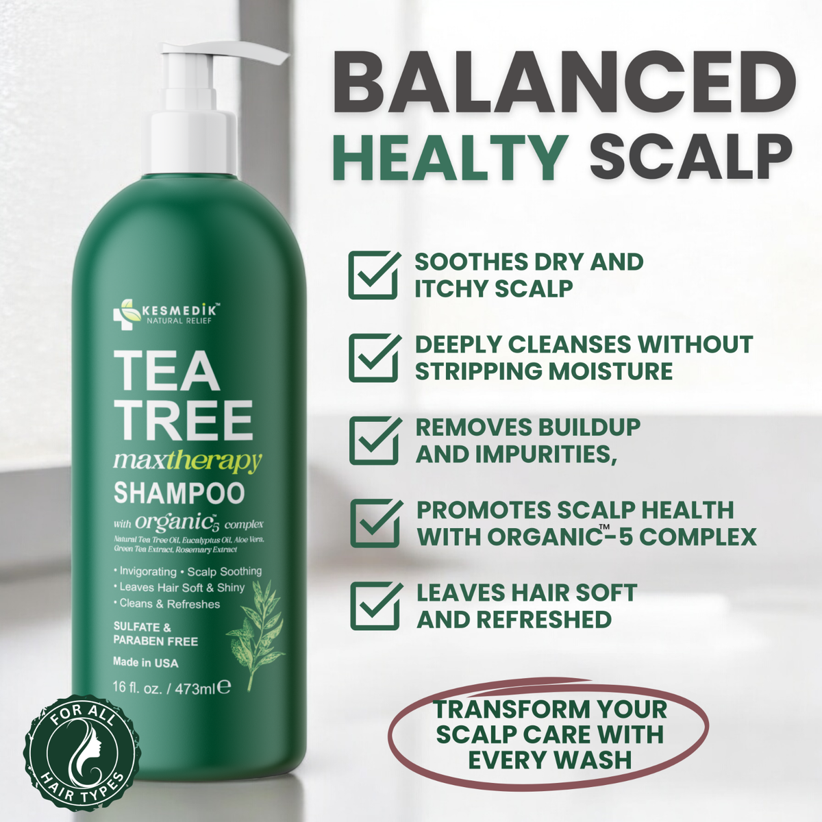 Kesmedik Tea Tree Shampoo - Hydrating, Sulfate-Free, Soothes Itchy