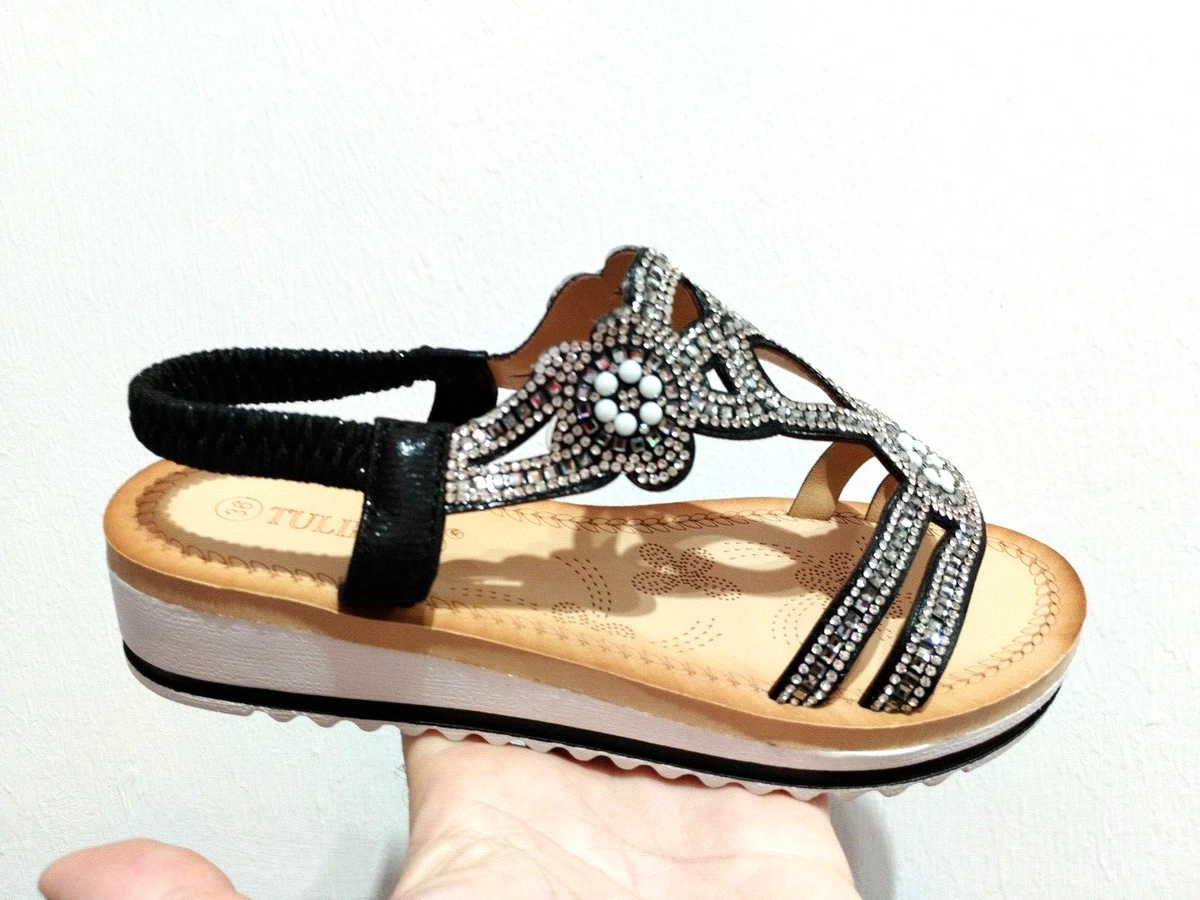 Sandali zeppa gioiello donna ragazza Swarovski cinturino nero
