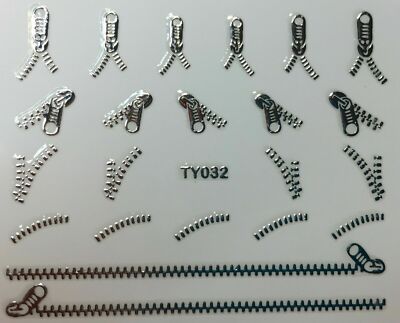Nail Art 3D Decal Stickers Metallic Silver Zippers TY032