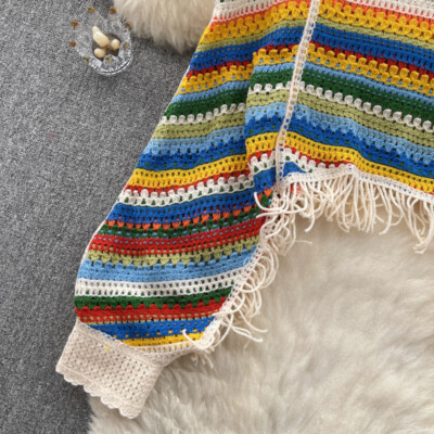 Donna Arcobaleno a Righe Maglia Maglione Nappe Traforato Sciolto