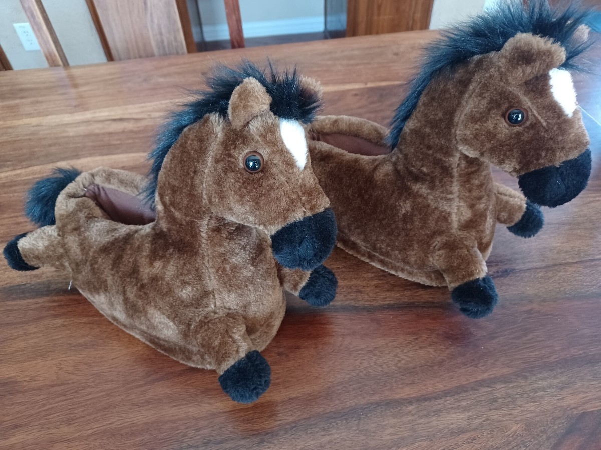 Happy Feet Horse Slippers Size S Small Black Brown Plush Foam Cushion Sole  Kids