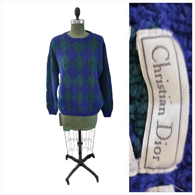 Vintage 80-90s Christian Dior Hand Knit Chunky Argyle Pullover