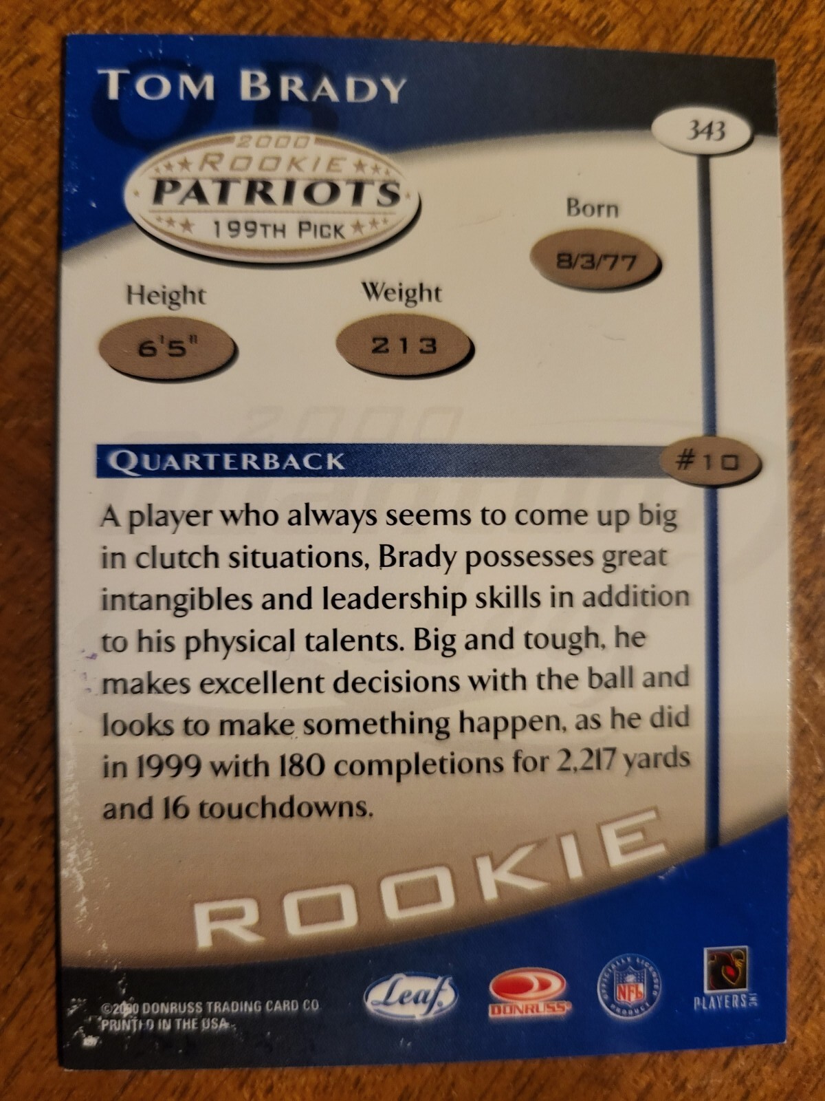 2000 Quantum Leaf TOM BRADY RC #343 New England Patroits "Low Grade" READ - Picture 8 of 9