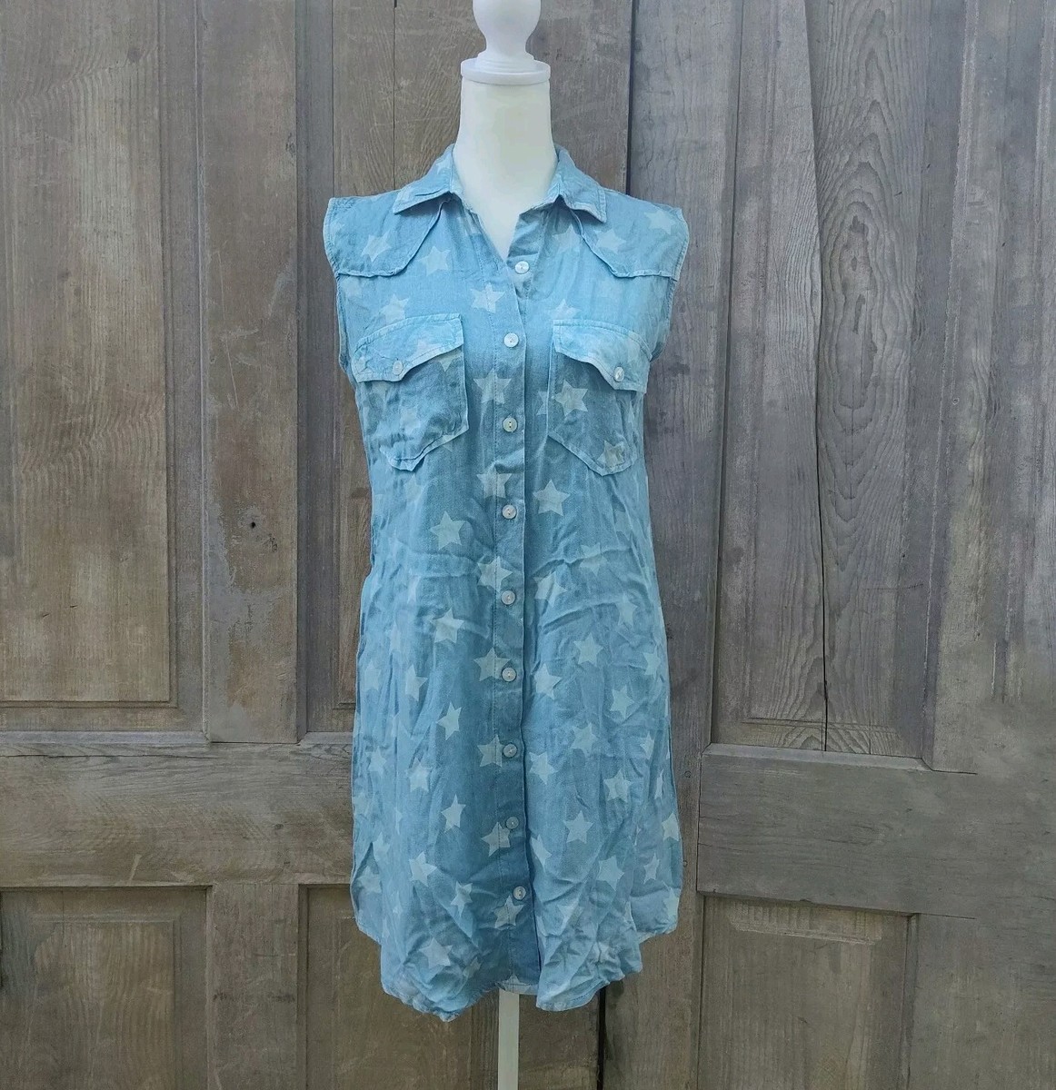 Chambray Denim Star Print Sleeveless Shirt Dress NWT Size S Sim&Sam
