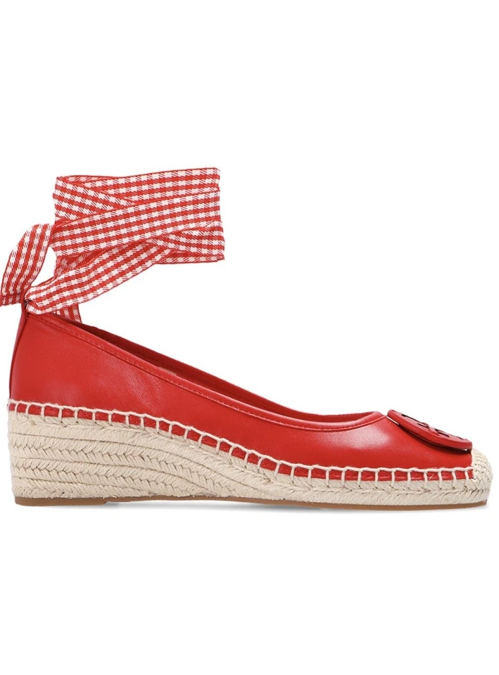 NWB TORY BURCH MINNIE BALLET ESPADRILLE WEDGE NAPPA LEATHER HERRINGBONE RED 8,5 - Image 2 of 4