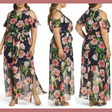 NWT $178 Eliza J [ PLUS 18W ] Floral Chiffon Cold Shoulder Maxi Dress #F377