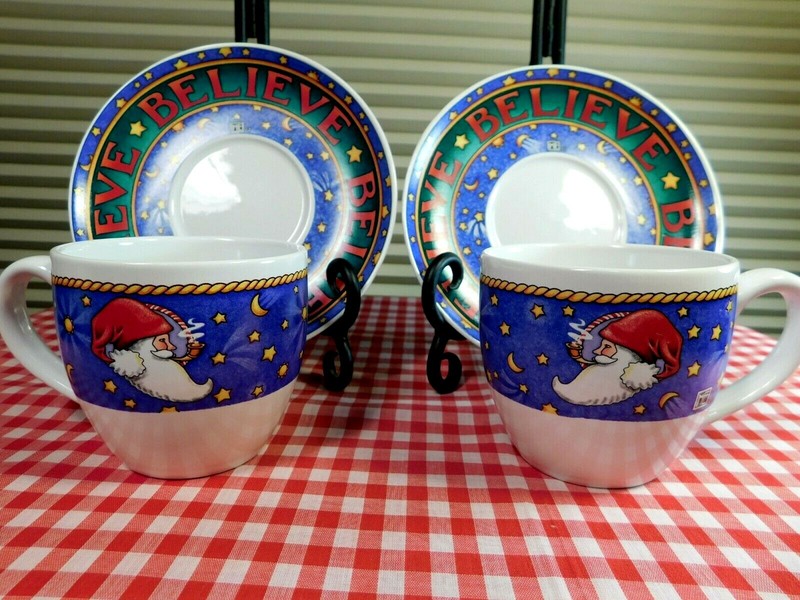 Mary Engelbreit Christmas Santa Believe Cup and Saucer 2 sets