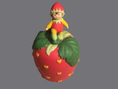 Avon 1993 STRAWBERRY Hearts Delight Porcelain BELL  with Pixie Elf Figurine
