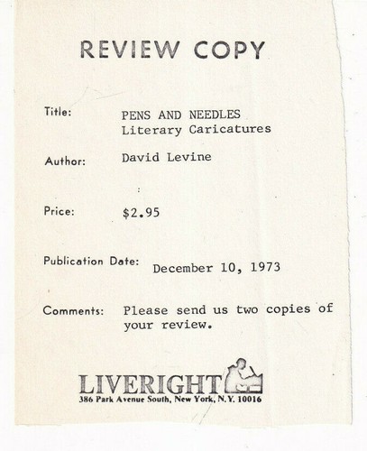 PENS AND NEEDLES: LITERARY CARICATURES By David Levine (1973 SOFTCOVER REVIEW) - Picture 3 of 3