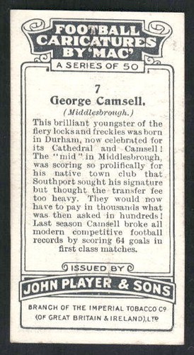 1927 Player's Football Caricatures By Mac #7 George Camsell - Picture 2 of 2