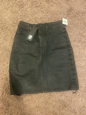 DL1961 Black Sandra Lace Up Sides Skirt Night Shine Coated Denim S NEW $198