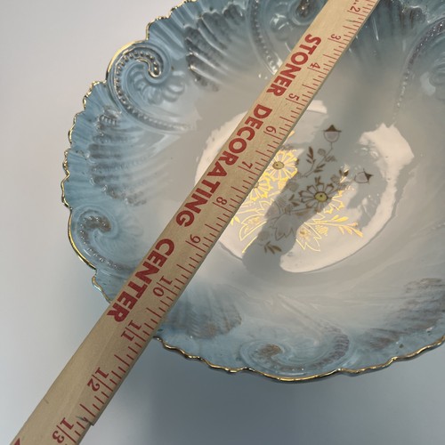 Vintage Art Nouveau Porcelain Bowl Light Blue With Gold Shell Rim 11” - Picture 4 of 6