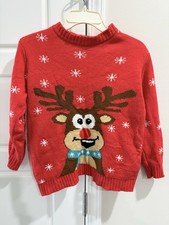 Kids Unisex Red Reindeer Christmas Sweater Holiday Festive READ MEASUREMENTS